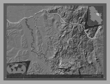 Photo for Branicevski, district of Serbia. Bilevel elevation map with lakes and rivers. Locations and names of major cities of the region. Corner auxiliary location maps - Royalty Free Image