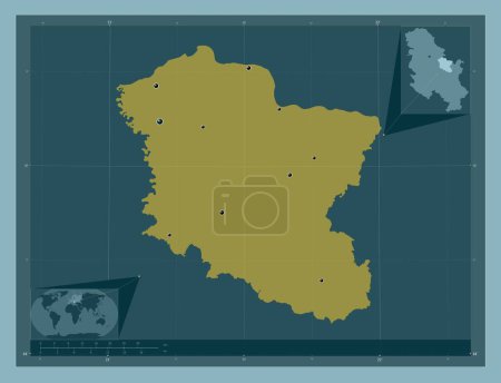 Photo for Branicevski, district of Serbia. Solid color shape. Locations of major cities of the region. Corner auxiliary location maps - Royalty Free Image