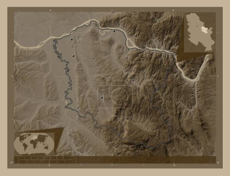 Photo for Branicevski, district of Serbia. Elevation map colored in sepia tones with lakes and rivers. Locations of major cities of the region. Corner auxiliary location maps - Royalty Free Image