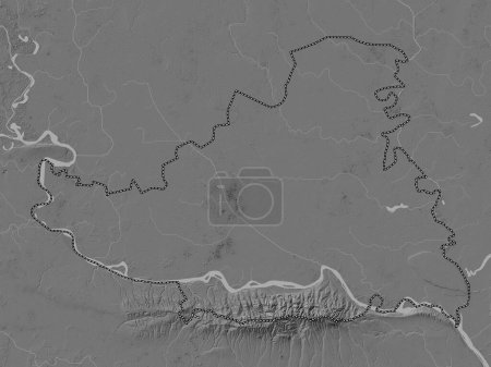 Foto de Juzno-Backi, distrito de Serbia. Mapa de elevación de Bilevel con lagos y ríos - Imagen libre de derechos