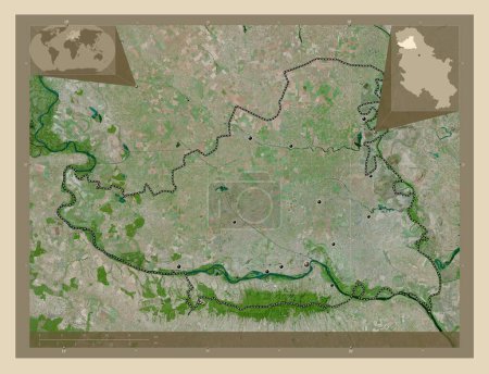 Foto de Juzno-Backi, distrito de Serbia. Mapa satelital de alta resolución. Ubicaciones de las principales ciudades de la región. Mapas de ubicación auxiliares de esquina - Imagen libre de derechos