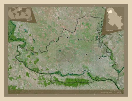 Foto de Juzno-Backi, distrito de Serbia. Mapa satelital de alta resolución. Ubicaciones y nombres de las principales ciudades de la región. Mapas de ubicación auxiliares de esquina - Imagen libre de derechos