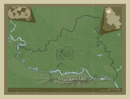 Foto de Juzno-Backi, distrito de Serbia. Mapa de elevación coloreado en estilo wiki con lagos y ríos. Ubicaciones y nombres de las principales ciudades de la región. Mapas de ubicación auxiliares de esquina - Imagen libre de derechos
