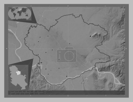 Téléchargez les photos : Juzno-Banatski, district of Serbia. Grayscale elevation map with lakes and rivers. Locations of major cities of the region. Corner auxiliary location maps - en image libre de droit