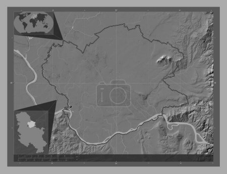 Téléchargez les photos : Juzno-Banatski, district of Serbia. Bilevel elevation map with lakes and rivers. Corner auxiliary location maps - en image libre de droit