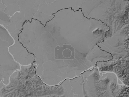 Téléchargez les photos : Juzno-Banatski, district of Serbia. Grayscale elevation map with lakes and rivers - en image libre de droit