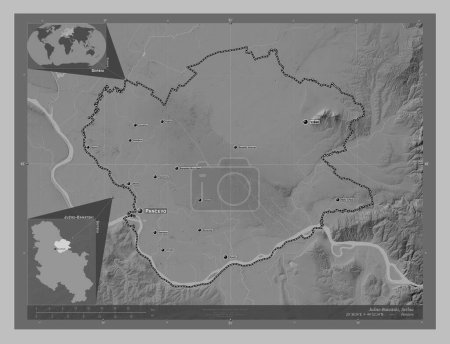Téléchargez les photos : Juzno-Banatski, district of Serbia. Grayscale elevation map with lakes and rivers. Locations and names of major cities of the region. Corner auxiliary location maps - en image libre de droit