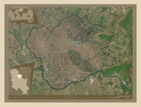 Foto de Juzno-Banatski, district of Serbia. High resolution satellite map. Locations and names of major cities of the region. Corner auxiliary location maps - Imagen libre de derechos