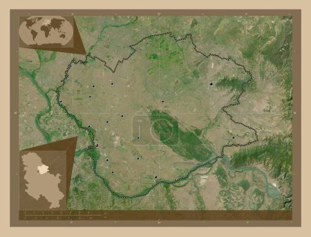 Téléchargez les photos : Juzno-Banatski, district of Serbia. Low resolution satellite map. Locations of major cities of the region. Corner auxiliary location maps - en image libre de droit