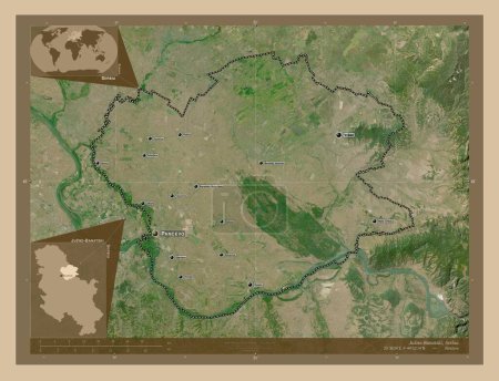 Foto de Juzno-Banatski, distrito de Serbia. Mapa satelital de baja resolución. Ubicaciones y nombres de las principales ciudades de la región. Mapas de ubicación auxiliares de esquina - Imagen libre de derechos