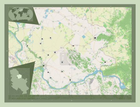 Téléchargez les photos : Juzno-Banatski, district of Serbia. Open Street Map. Locations of major cities of the region. Corner auxiliary location maps - en image libre de droit