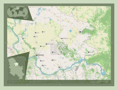 Foto de Juzno-Banatski, district of Serbia. Open Street Map. Locations and names of major cities of the region. Corner auxiliary location maps - Imagen libre de derechos