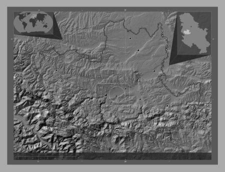 Photo for Kolubarski, district of Serbia. Bilevel elevation map with lakes and rivers. Locations of major cities of the region. Corner auxiliary location maps - Royalty Free Image