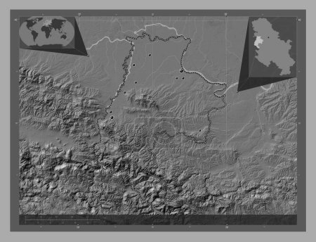 Photo for Macvanski, district of Serbia. Bilevel elevation map with lakes and rivers. Locations of major cities of the region. Corner auxiliary location maps - Royalty Free Image