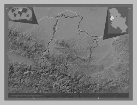 Photo for Macvanski, district of Serbia. Grayscale elevation map with lakes and rivers. Locations of major cities of the region. Corner auxiliary location maps - Royalty Free Image