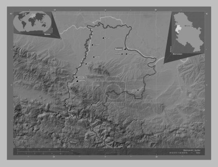 Photo for Macvanski, district of Serbia. Grayscale elevation map with lakes and rivers. Locations and names of major cities of the region. Corner auxiliary location maps - Royalty Free Image