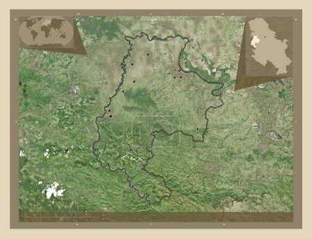 Téléchargez les photos : Macvanski, district of Serbia. High resolution satellite map. Locations of major cities of the region. Corner auxiliary location maps - en image libre de droit