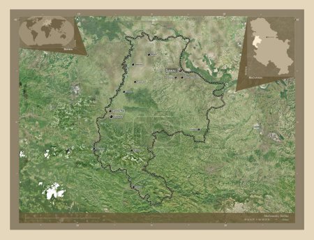 Photo for Macvanski, district of Serbia. High resolution satellite map. Locations and names of major cities of the region. Corner auxiliary location maps - Royalty Free Image