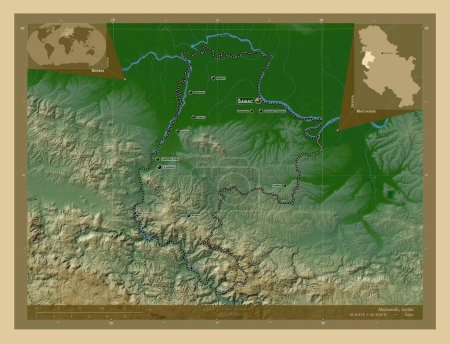 Foto de Macvanski, distrito de Serbia. Mapa de elevación de colores con lagos y ríos. Ubicaciones y nombres de las principales ciudades de la región. Mapas de ubicación auxiliares de esquina - Imagen libre de derechos