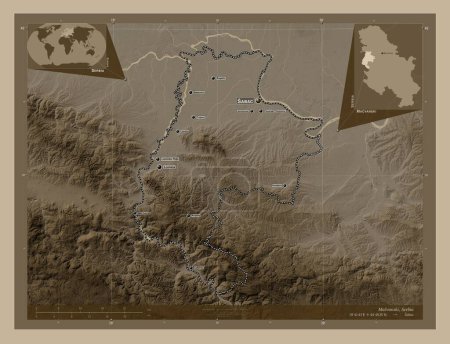 Photo for Macvanski, district of Serbia. Elevation map colored in sepia tones with lakes and rivers. Locations and names of major cities of the region. Corner auxiliary location maps - Royalty Free Image