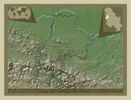 Photo for Macvanski, district of Serbia. Elevation map colored in wiki style with lakes and rivers. Locations of major cities of the region. Corner auxiliary location maps - Royalty Free Image