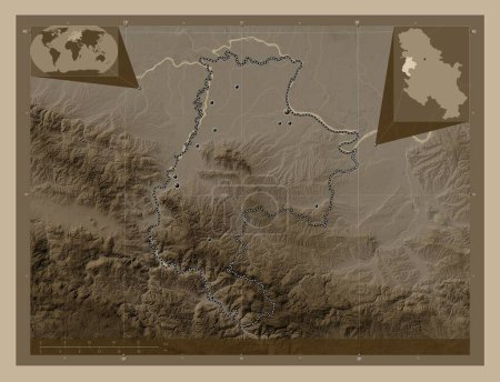Photo for Macvanski, district of Serbia. Elevation map colored in sepia tones with lakes and rivers. Locations of major cities of the region. Corner auxiliary location maps - Royalty Free Image