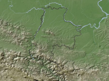 Photo for Macvanski, district of Serbia. Elevation map colored in wiki style with lakes and rivers - Royalty Free Image