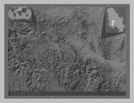 Téléchargez les photos : Moravicki, district of Serbia. Grayscale elevation map with lakes and rivers. Locations of major cities of the region. Corner auxiliary location maps - en image libre de droit