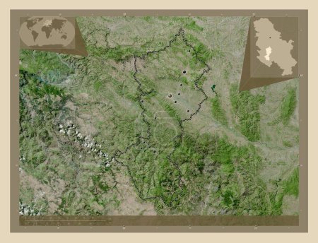 Téléchargez les photos : Moravicki, district of Serbia. High resolution satellite map. Locations of major cities of the region. Corner auxiliary location maps - en image libre de droit