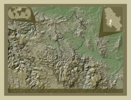 Photo for Moravicki, district of Serbia. Elevation map colored in wiki style with lakes and rivers. Locations of major cities of the region. Corner auxiliary location maps - Royalty Free Image