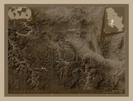 Photo for Moravicki, district of Serbia. Elevation map colored in sepia tones with lakes and rivers. Locations and names of major cities of the region. Corner auxiliary location maps - Royalty Free Image