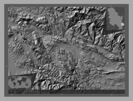 Photo for Pirotski, district of Serbia. Bilevel elevation map with lakes and rivers. Locations of major cities of the region. Corner auxiliary location maps - Royalty Free Image