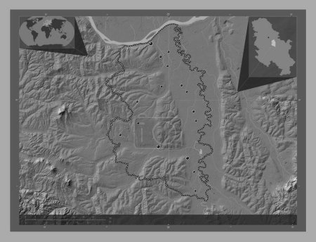 Photo for Podunavski, district of Serbia. Bilevel elevation map with lakes and rivers. Locations of major cities of the region. Corner auxiliary location maps - Royalty Free Image