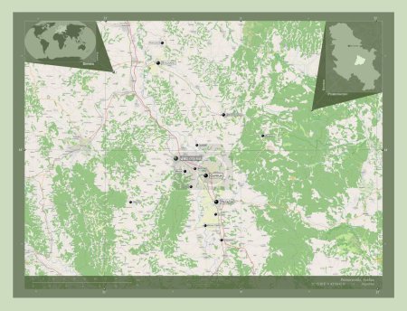 Téléchargez les photos : Pomoravski, district of Serbia. Open Street Map. Locations and names of major cities of the region. Corner auxiliary location maps - en image libre de droit