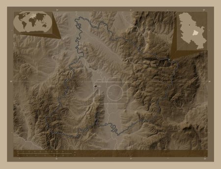Photo for Pomoravski, district of Serbia. Elevation map colored in sepia tones with lakes and rivers. Corner auxiliary location maps - Royalty Free Image