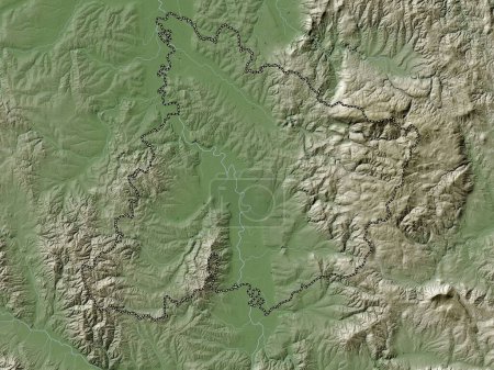 Téléchargez les photos : Pomoravski, district de Serbie. Carte d'altitude colorée dans le style wiki avec des lacs et des rivières - en image libre de droit