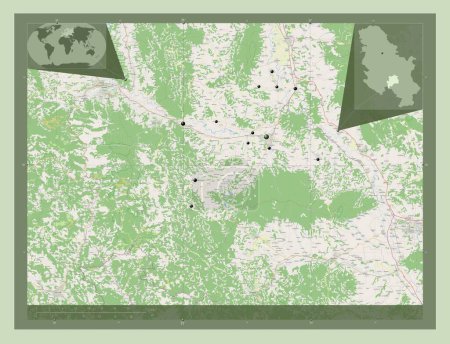 Téléchargez les photos : Rasinski, district of Serbia. Open Street Map. Locations of major cities of the region. Corner auxiliary location maps - en image libre de droit
