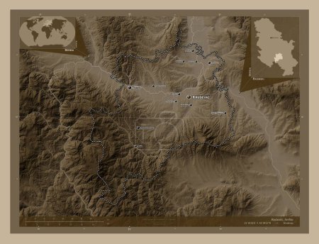 Photo for Rasinski, district of Serbia. Elevation map colored in sepia tones with lakes and rivers. Locations and names of major cities of the region. Corner auxiliary location maps - Royalty Free Image