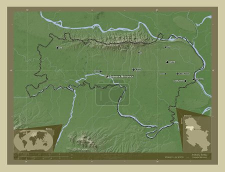 Foto de Sremski, distrito de Serbia. Mapa de elevación coloreado en estilo wiki con lagos y ríos. Ubicaciones y nombres de las principales ciudades de la región. Mapas de ubicación auxiliares de esquina - Imagen libre de derechos