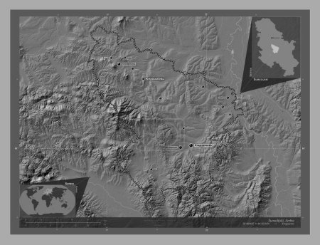 Photo for Sumadijski, district of Serbia. Bilevel elevation map with lakes and rivers. Locations and names of major cities of the region. Corner auxiliary location maps - Royalty Free Image