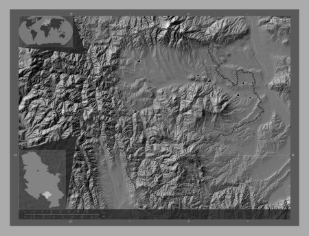 Téléchargez les photos : Toplicki, district of Serbia. Bilevel elevation map with lakes and rivers. Locations of major cities of the region. Corner auxiliary location maps - en image libre de droit