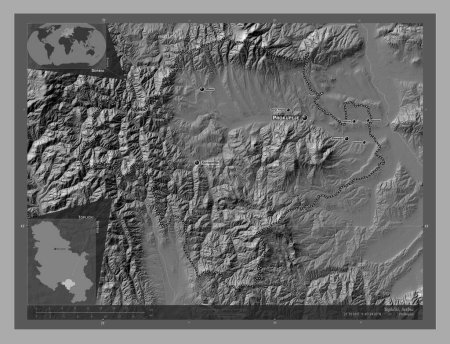 Téléchargez les photos : Toplicki, district of Serbia. Bilevel elevation map with lakes and rivers. Locations and names of major cities of the region. Corner auxiliary location maps - en image libre de droit
