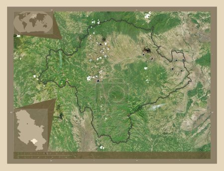 Téléchargez les photos : Toplicki, district of Serbia. High resolution satellite map. Locations of major cities of the region. Corner auxiliary location maps - en image libre de droit
