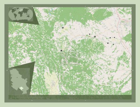 Téléchargez les photos : Toplicki, district of Serbia. Open Street Map. Locations of major cities of the region. Corner auxiliary location maps - en image libre de droit