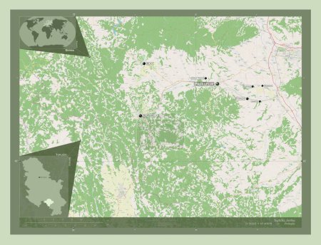 Téléchargez les photos : Toplicki, district of Serbia. Open Street Map. Locations and names of major cities of the region. Corner auxiliary location maps - en image libre de droit