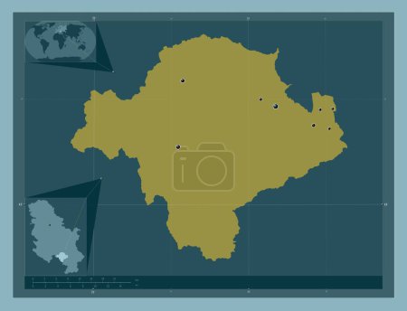 Téléchargez les photos : Toplicki, district of Serbia. Solid color shape. Locations of major cities of the region. Corner auxiliary location maps - en image libre de droit