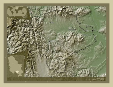 Téléchargez les photos : Toplicki, district de Serbie. Carte d'altitude colorée dans le style wiki avec des lacs et des rivières. Emplacements et noms des grandes villes de la région. Corner cartes de localisation auxiliaires - en image libre de droit