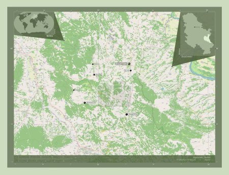 Téléchargez les photos : Zajecarski, district of Serbia. Open Street Map. Locations and names of major cities of the region. Corner auxiliary location maps - en image libre de droit