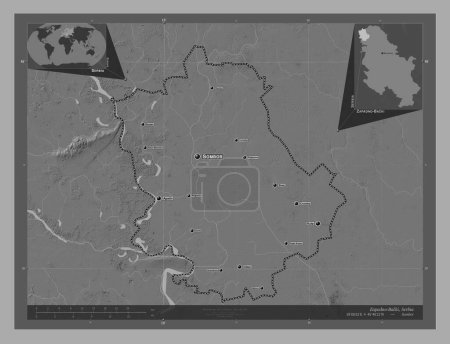 Foto de Zapadno-Backi, distrito de Serbia. Mapa de elevación de Bilevel con lagos y ríos. Ubicaciones y nombres de las principales ciudades de la región. Mapas de ubicación auxiliares de esquina - Imagen libre de derechos