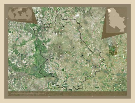 Foto de Zapadno-Backi, distrito de Serbia. Mapa satelital de alta resolución. Ubicaciones de las principales ciudades de la región. Mapas de ubicación auxiliares de esquina - Imagen libre de derechos